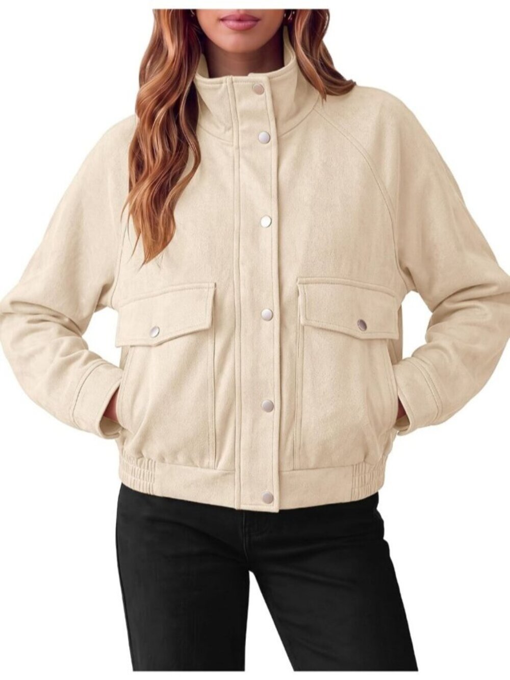 Women's Beige Faux Suede Funnel Neck ZIP Up Utility Cargo Pockets Bomber Jacket